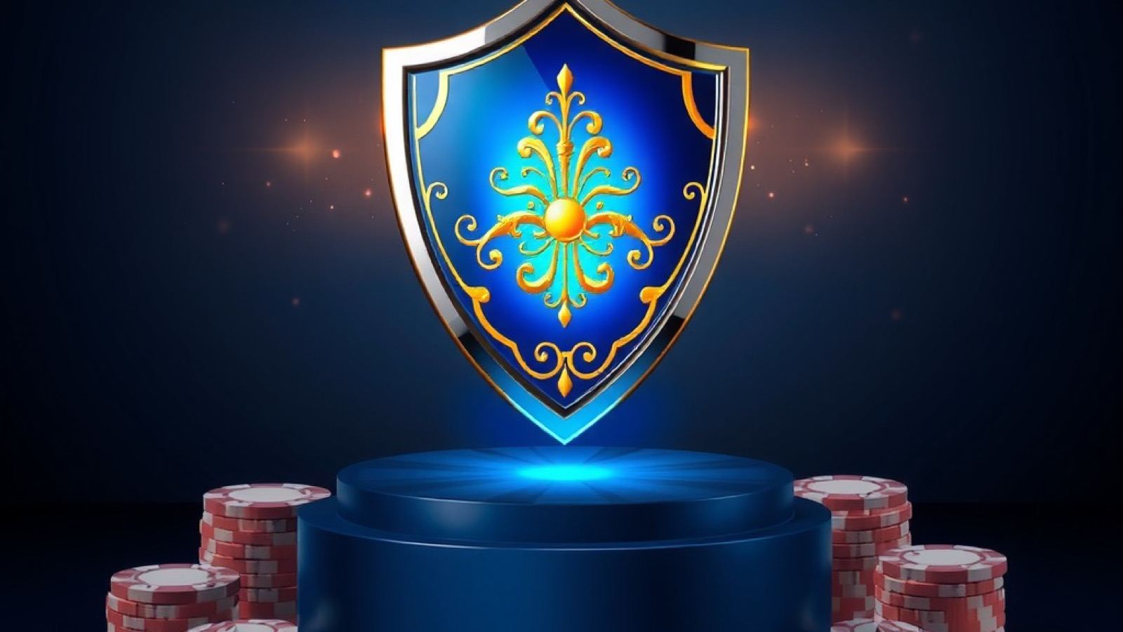 Stake Bet India editorial standards hero showing a chrome shield with a glowing blue core