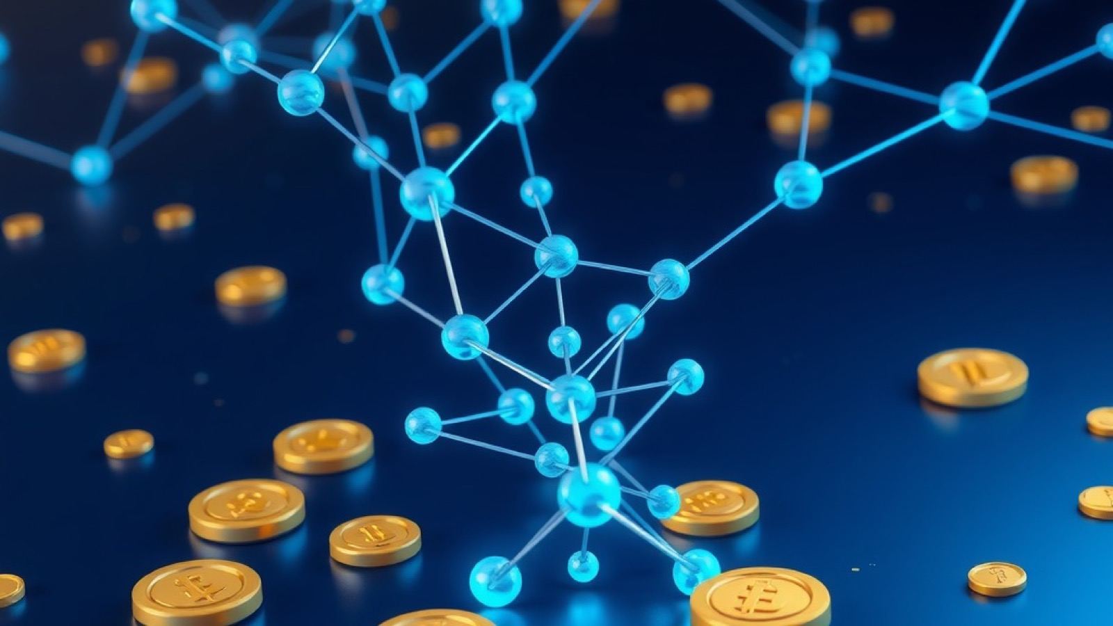 Stake Bet India affiliate program hero showing a chrome network of glowing blue nodes above a navy surface with coins