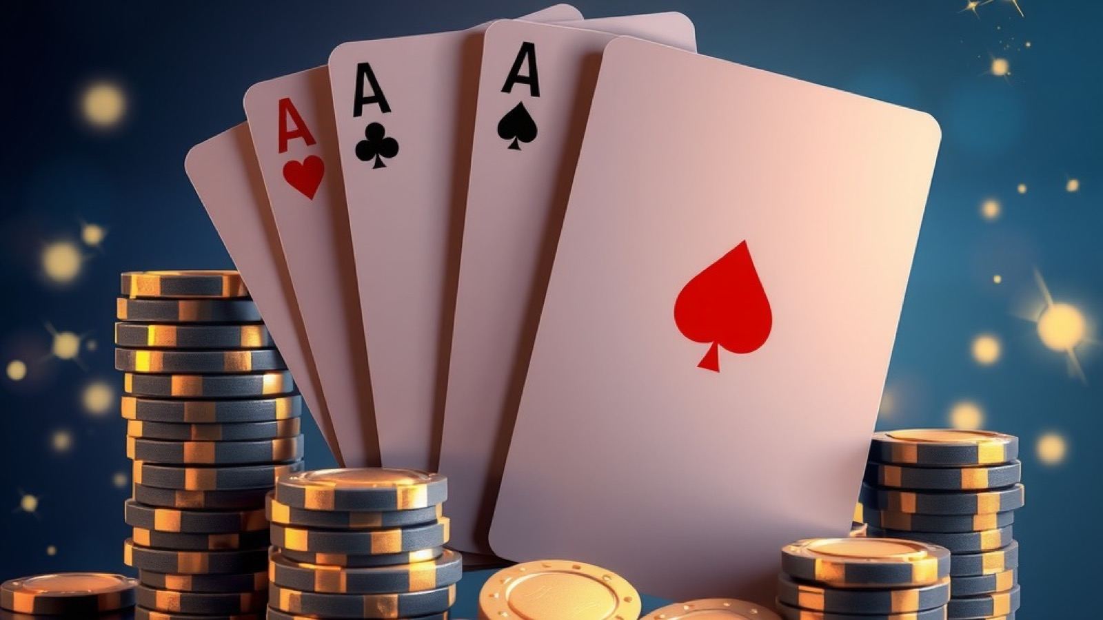 Stake Bet India baccarat hero showing face-down playing cards beside tall chip stacks under a warm spotlight