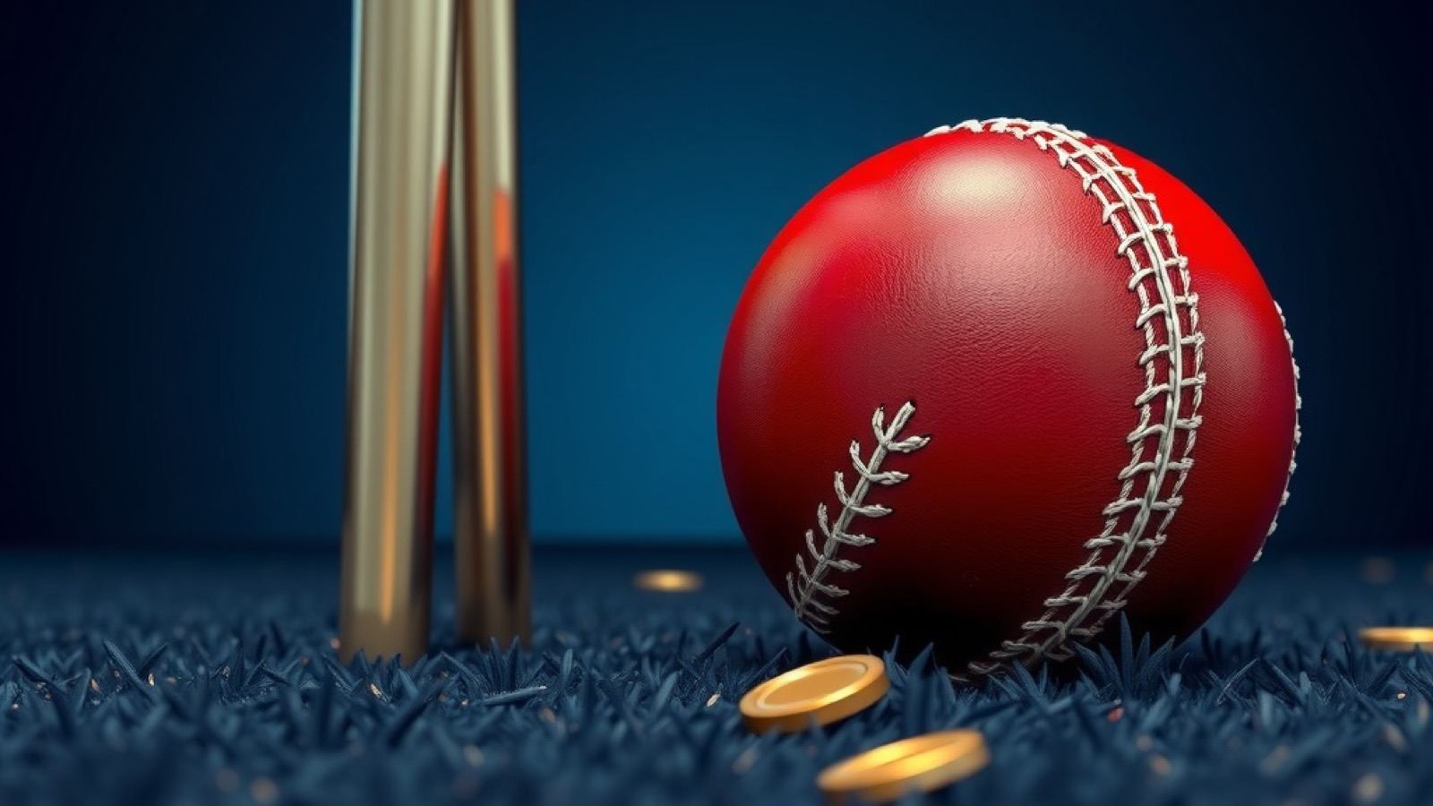 Stake Bet India betting games hero showing a red leather cricket ball with white stitching resting on dark navy turf beside a chrome stump bail and gold chips