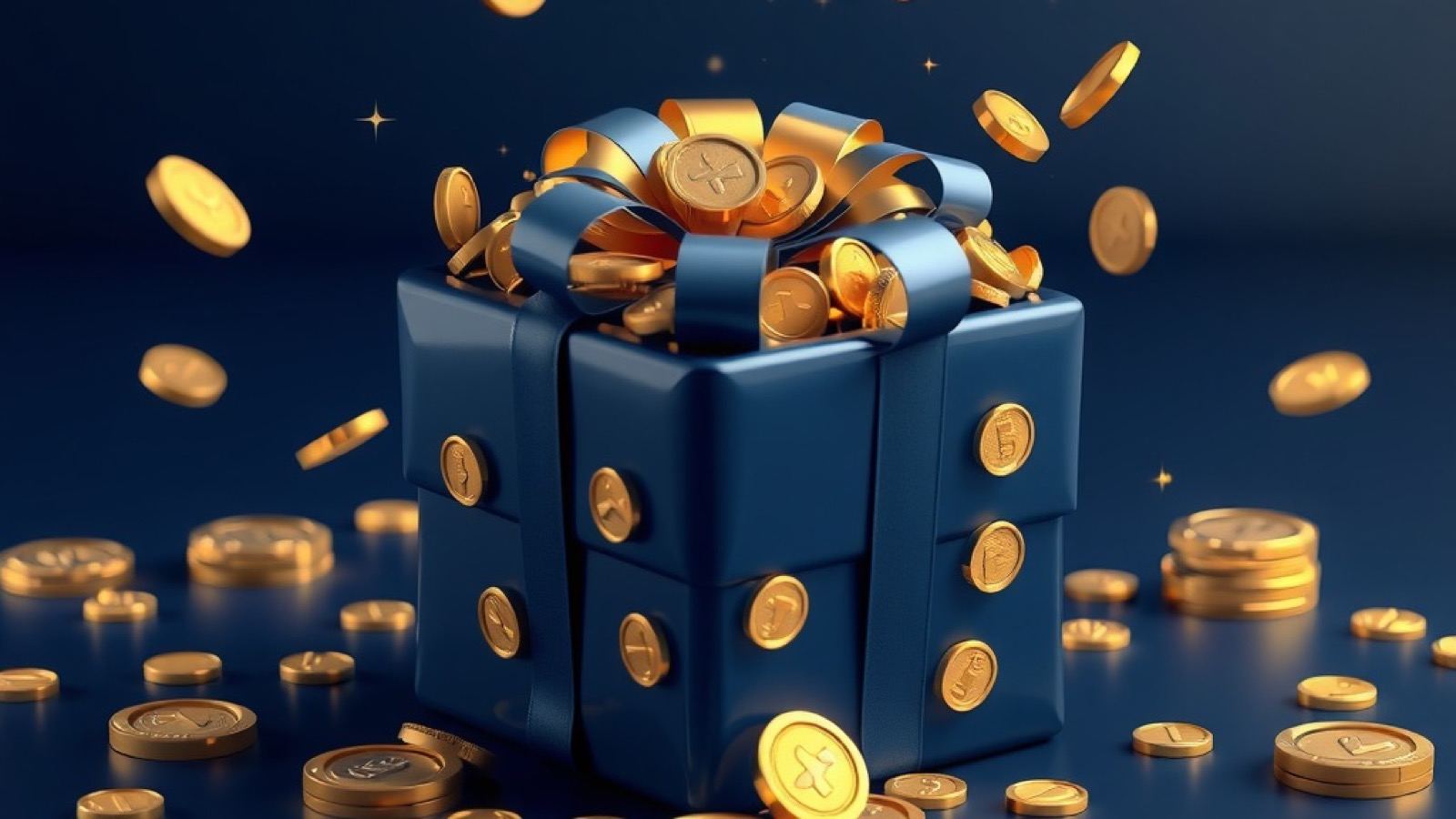 Stake Bet India bonus hero showing a gold gift box bursting with coins and ribbons on navy