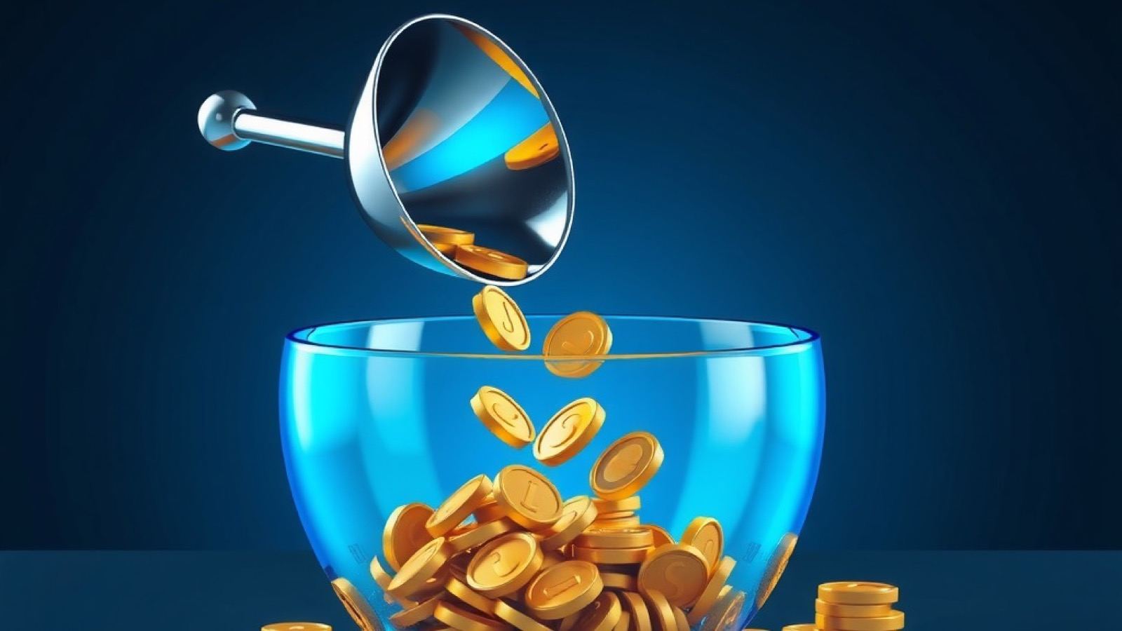 Stake Bet India payments hero showing a chrome funnel pouring gold coins into a blue glass bowl