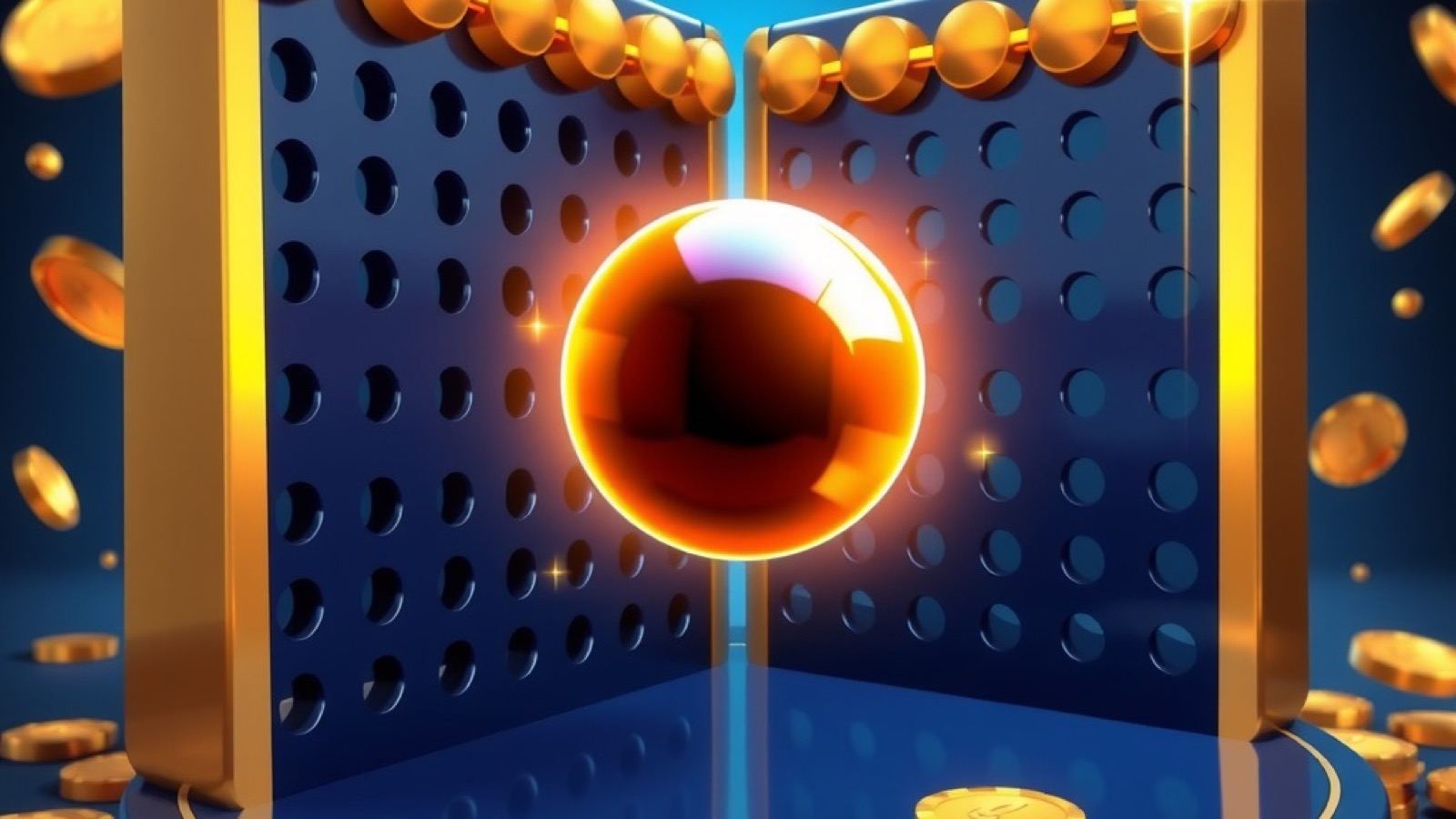 Stake Bet India plinko hero showing a vertical peg board with a glowing ball bouncing between gold pegs