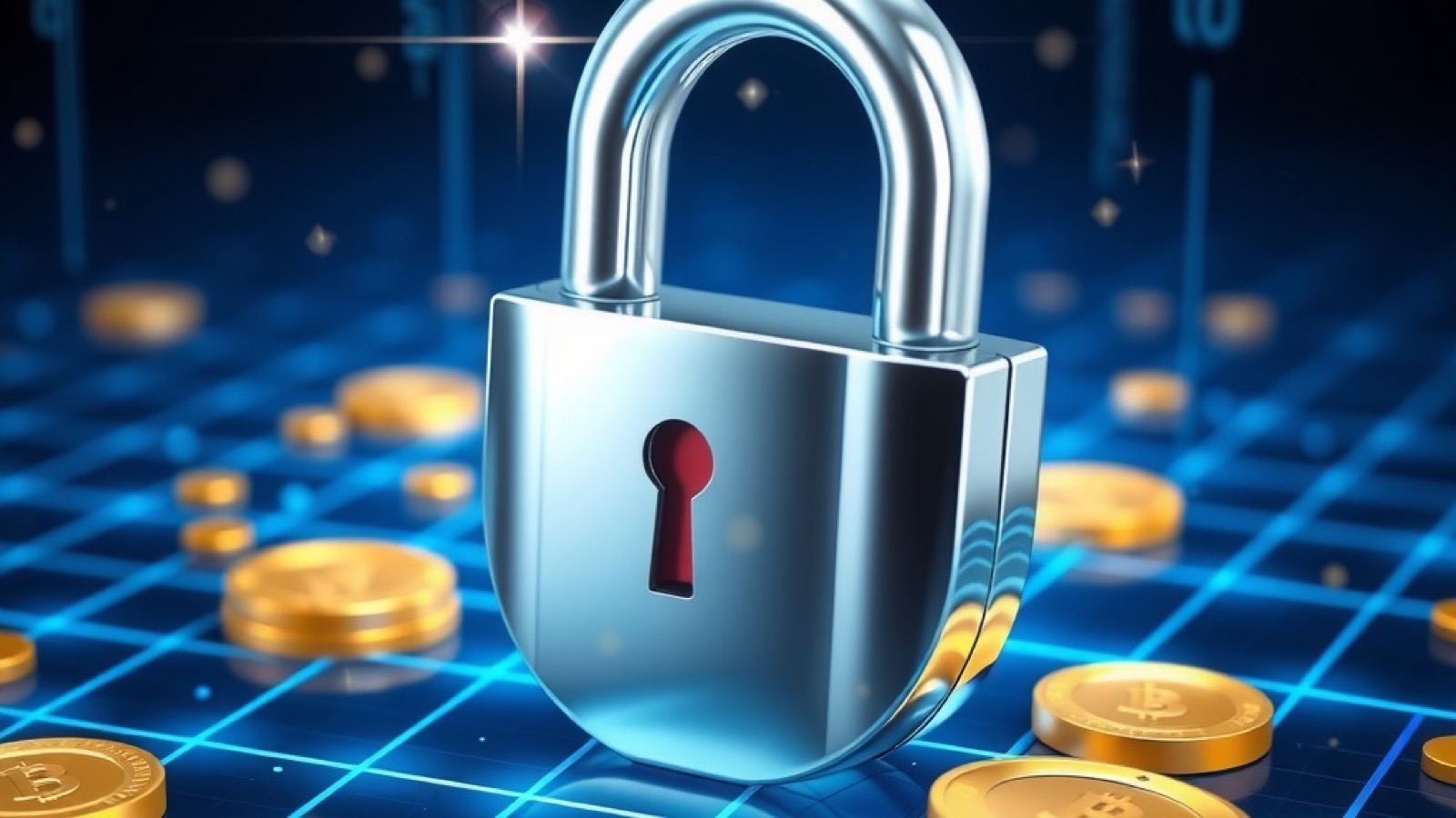 Stake Bet India privacy policy hero showing a chrome padlock resting on a glowing blue grid