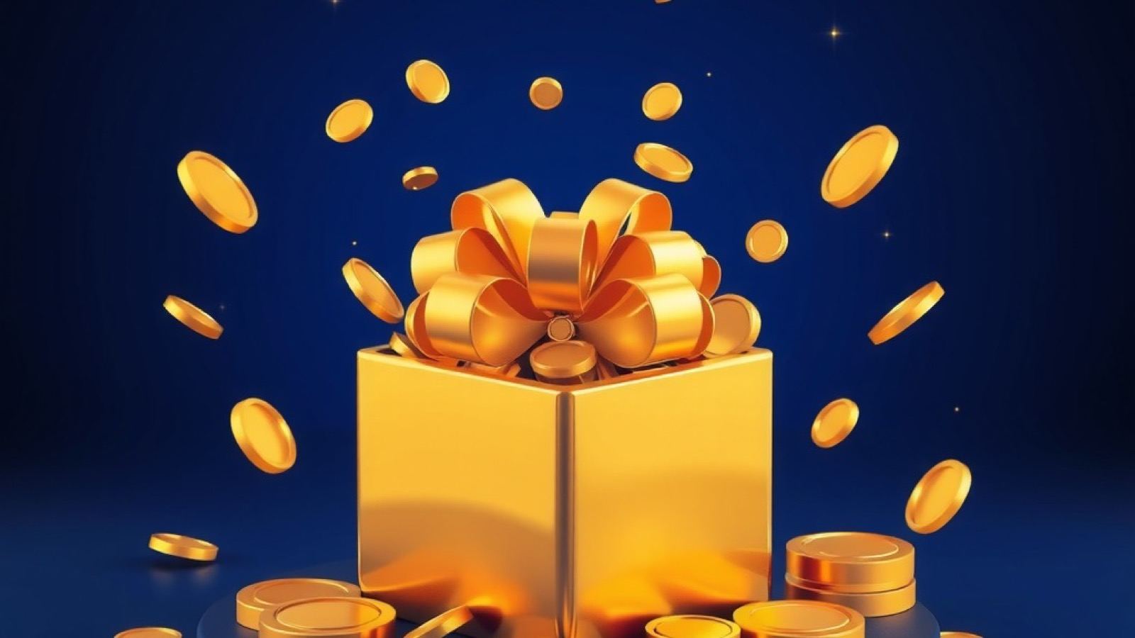 Stake Bet India promo code hero showing a gold gift box bursting with coins and ribbons on navy
