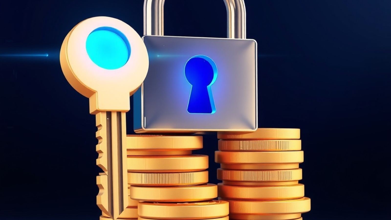Stake Bet India registration hero showing a chrome key and a glowing blue padlock floating above stacked gold coins