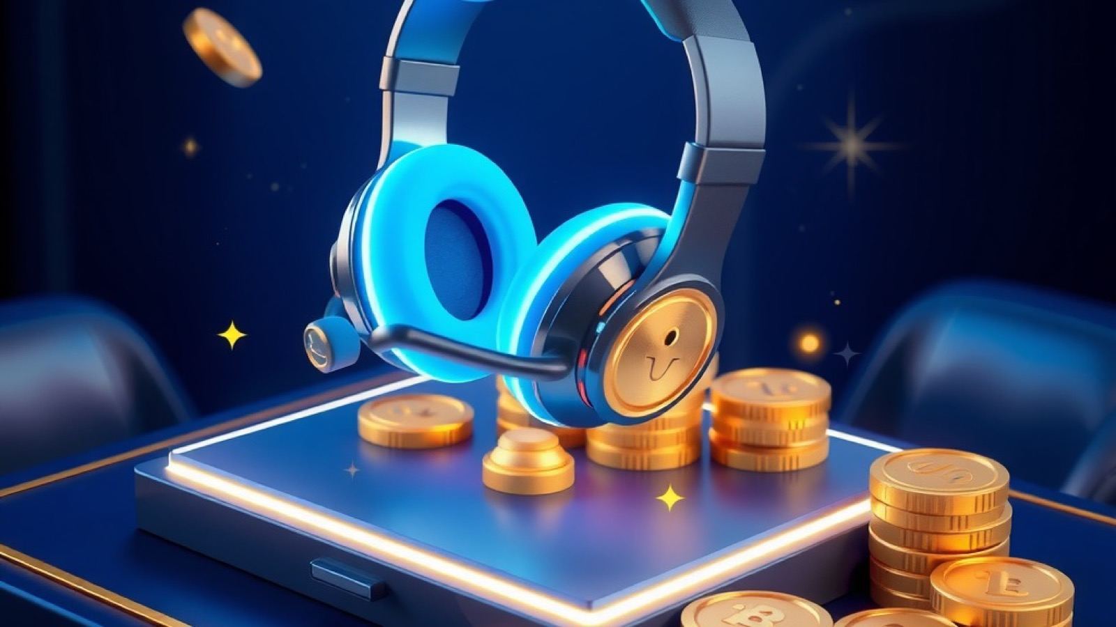 Stake Bet India responsible gaming hero showing a glossy blue headset floating alone above a few gold coins