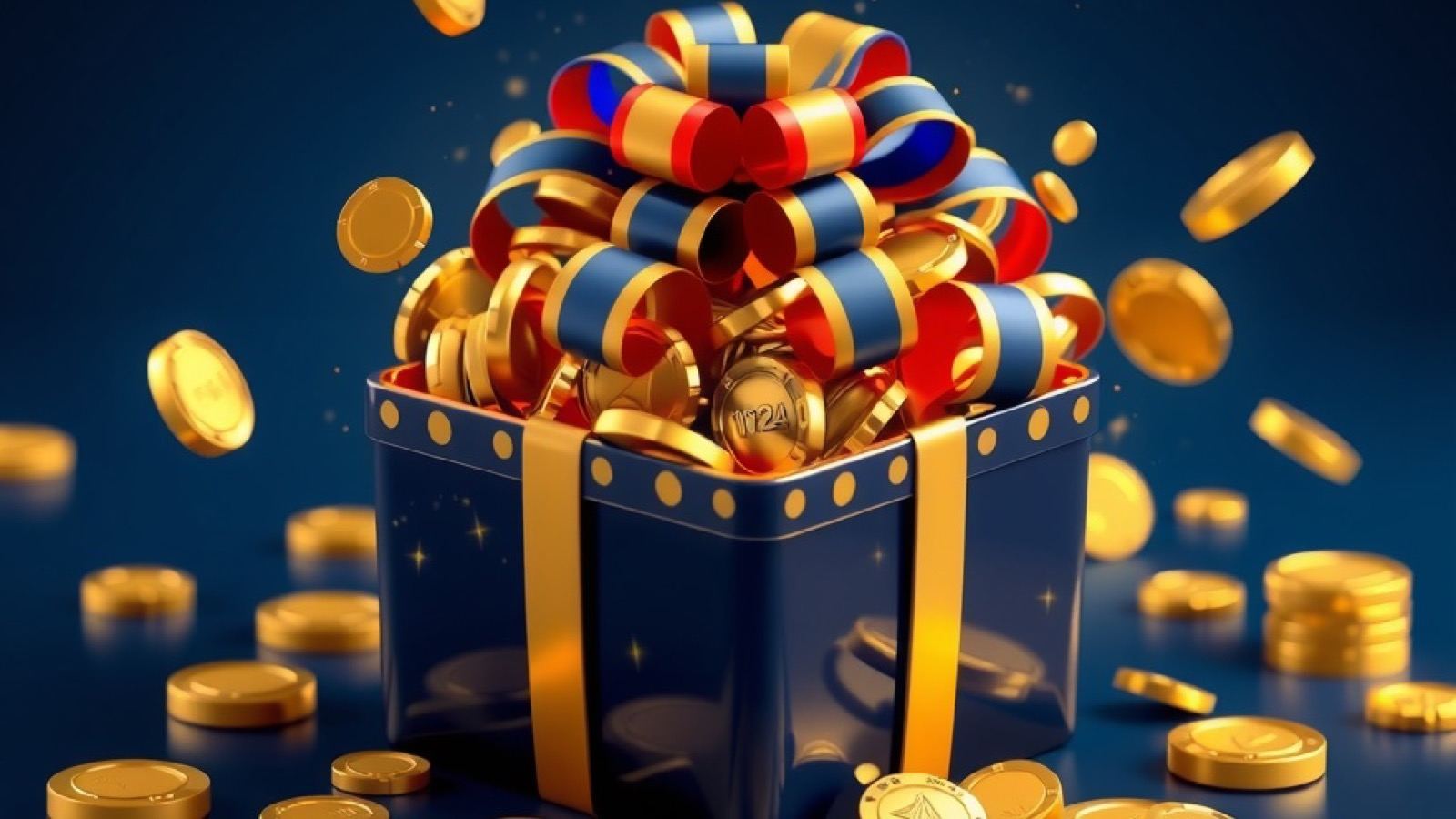 Stake Bet India welcome bonus hero showing a gold gift box bursting with coins and ribbons on navy